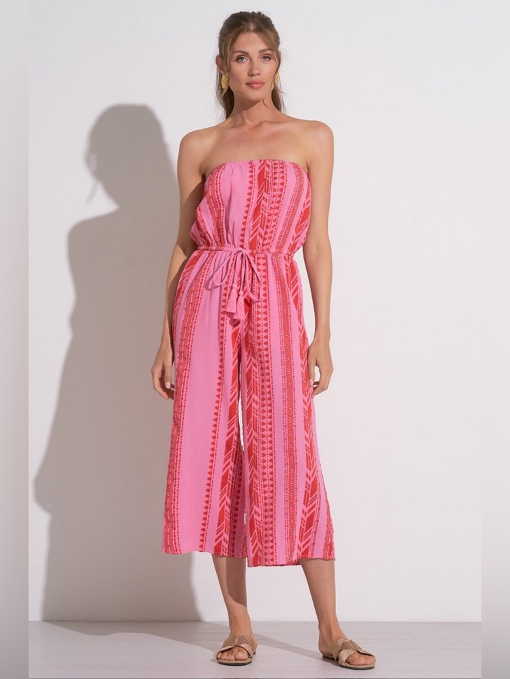 Elan Pink and Red Strapless Printed Romper